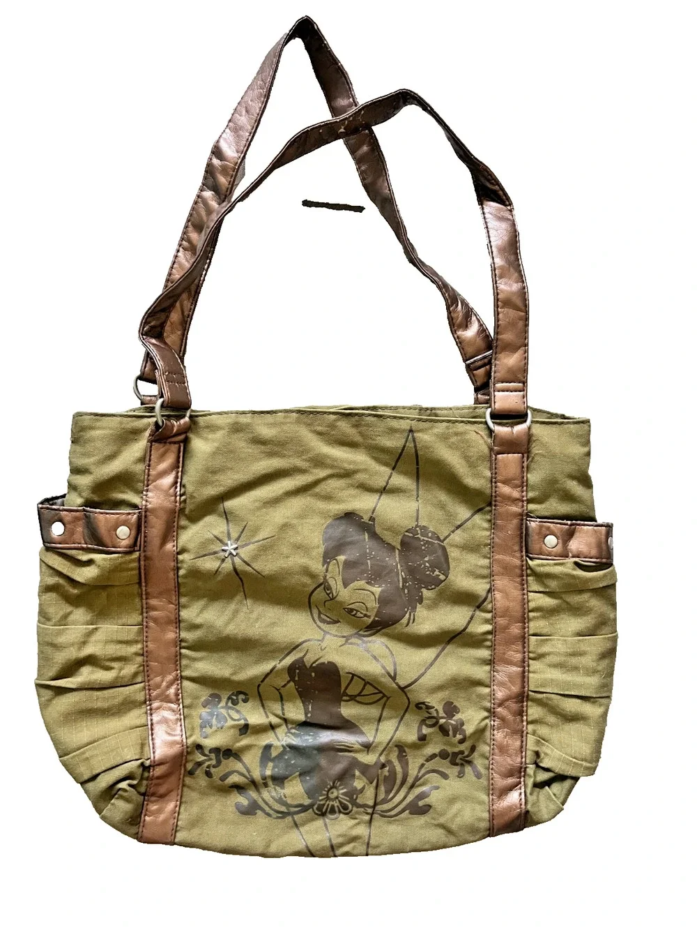 Women's Vintage Disney Tinkerbell Distressed Green Bag Faux Leather Handles